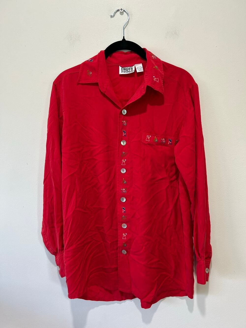 Chico's Design red silk blouse womens 0 embroidery boho